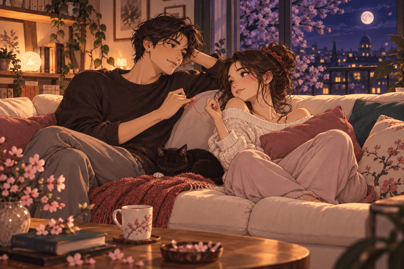 An original anime couple sharing a cozy evening on the sofa